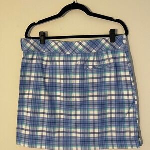 Izod plaid golf skirt in blue and green poly/spandex with built in shorts 10